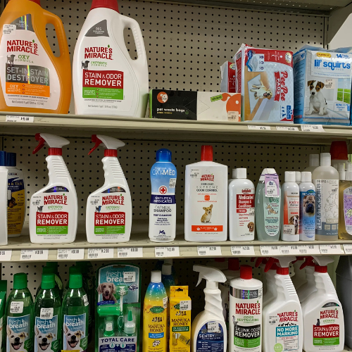 Cleaning supplies displayed inside of B'Ville Supply.