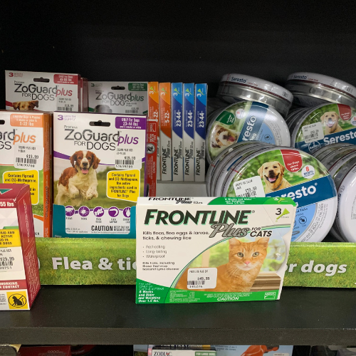 Dog food and supplies displayed inside of B'Ville Supply.