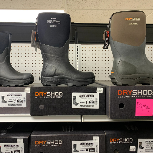 Footwear and supplies on display inside o B'Ville Supply.