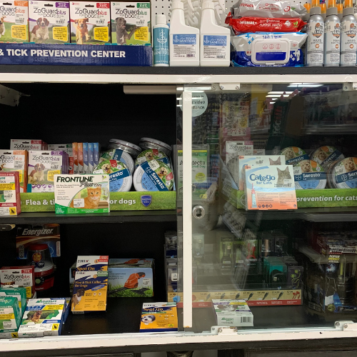 Dog food and supplies displayed inside of B'Ville Supply.