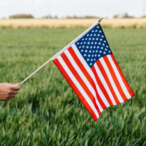 A close-up of an American flag being held outdoors on a clear day.